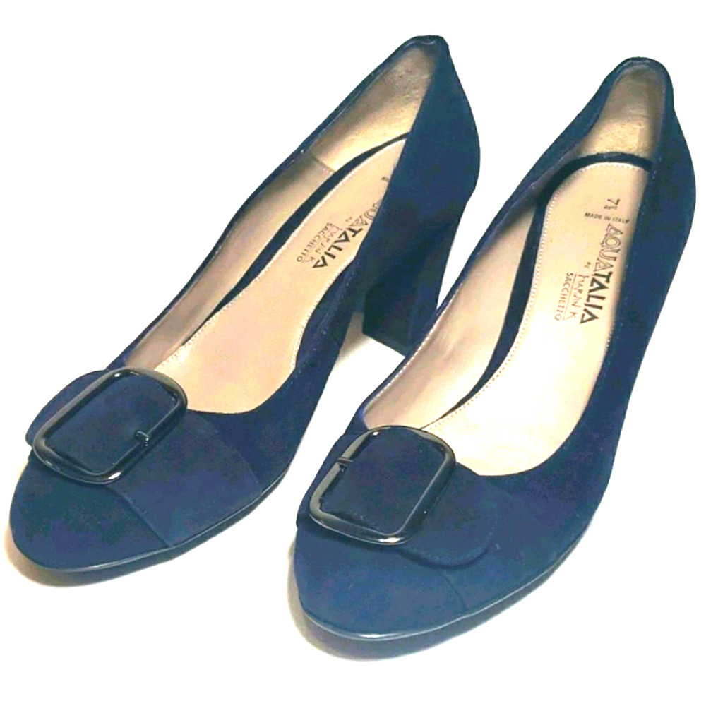Aquatalia Navy Suede Heel w/Silver Buckle Sz 7.5